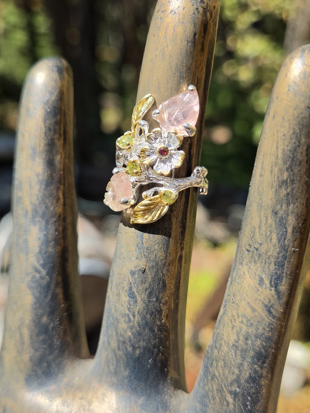Pink Tourmaline Peridot & Garnet Sterling & Gold Finger Cuff Sz6